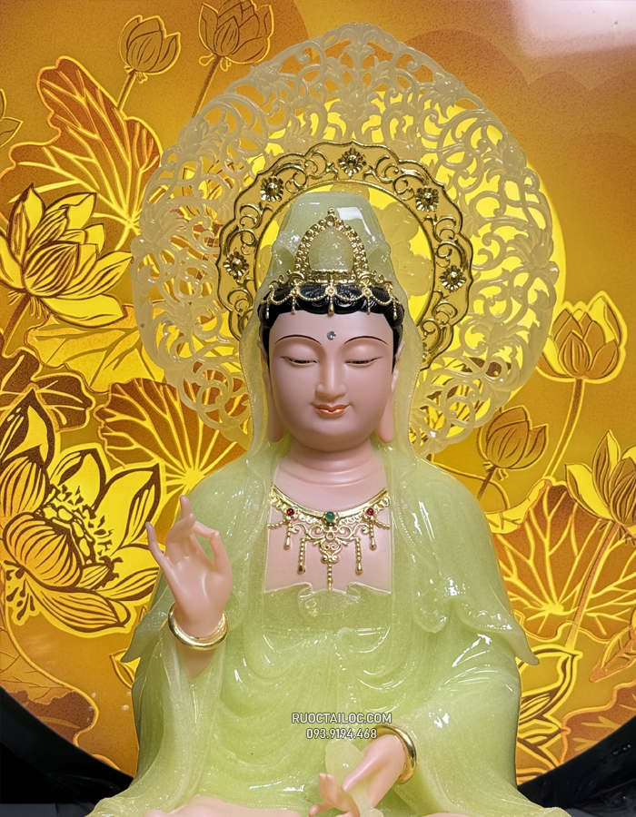 tượng quan âm bằng bột đá thạch ngọc có hào quang