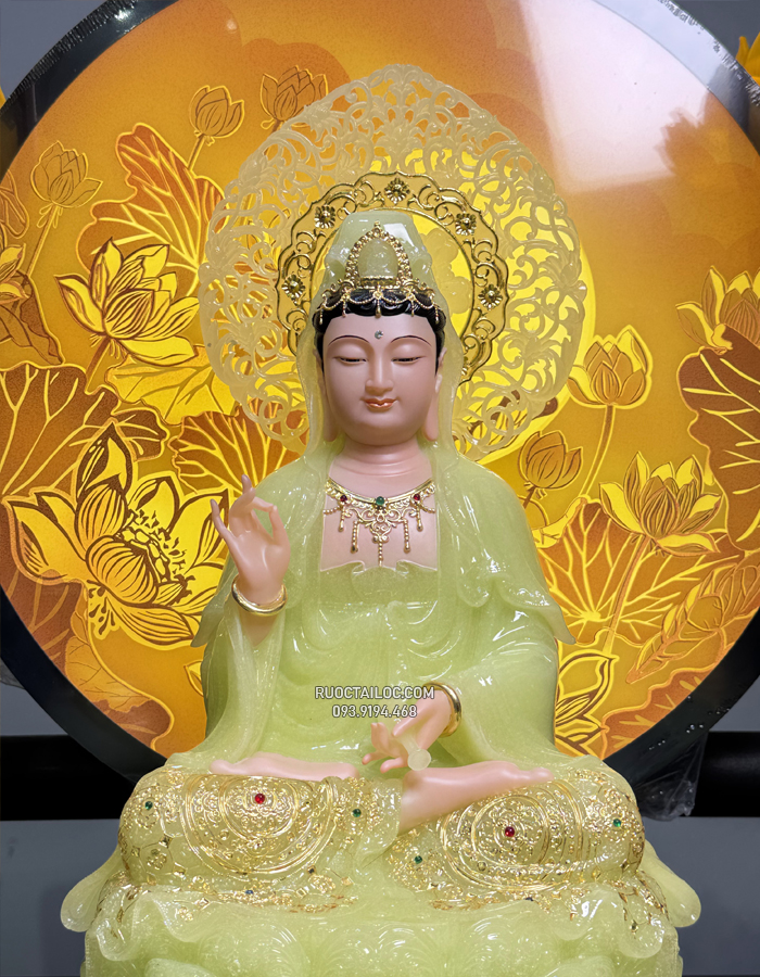 tượng quan âm bằng bột đá thạch ngọc có hào quang
