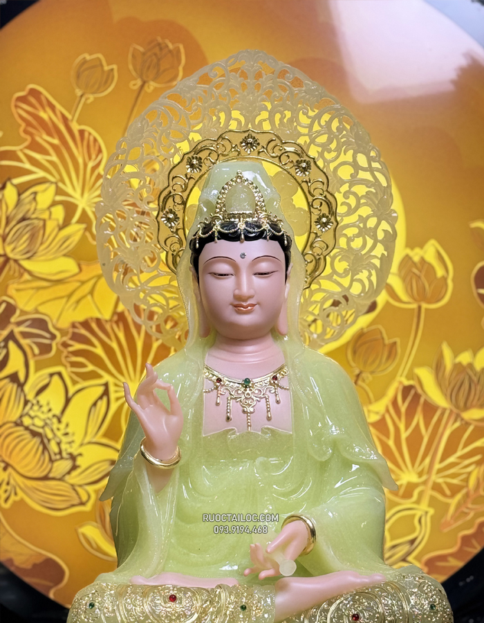 tượng quan âm bằng bột đá thạch ngọc có hào quang