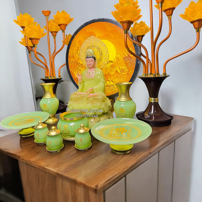 tượng quan âm bằng bột đá thạch ngọc có hào quang