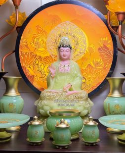 tượng quan âm bằng bột đá thạch ngọc có hào quang