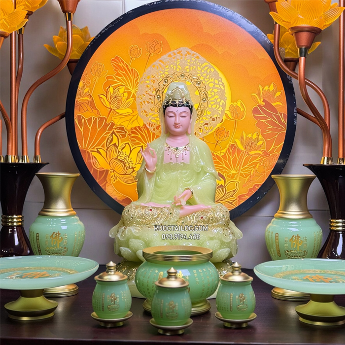 tượng quan âm bằng bột đá thạch ngọc có hào quang