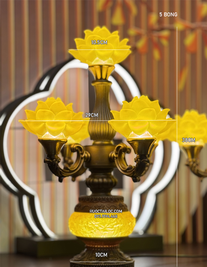 đèn thờ cúng Phật 5 bông vàng thân cổ đẹp