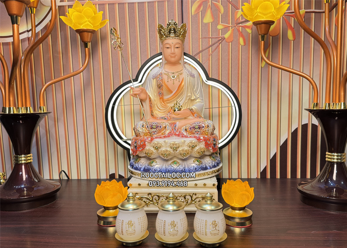 tượng địa tạng bồ tát bằng bột đá vẽ gấm phủ bóng hoa văn đẹp