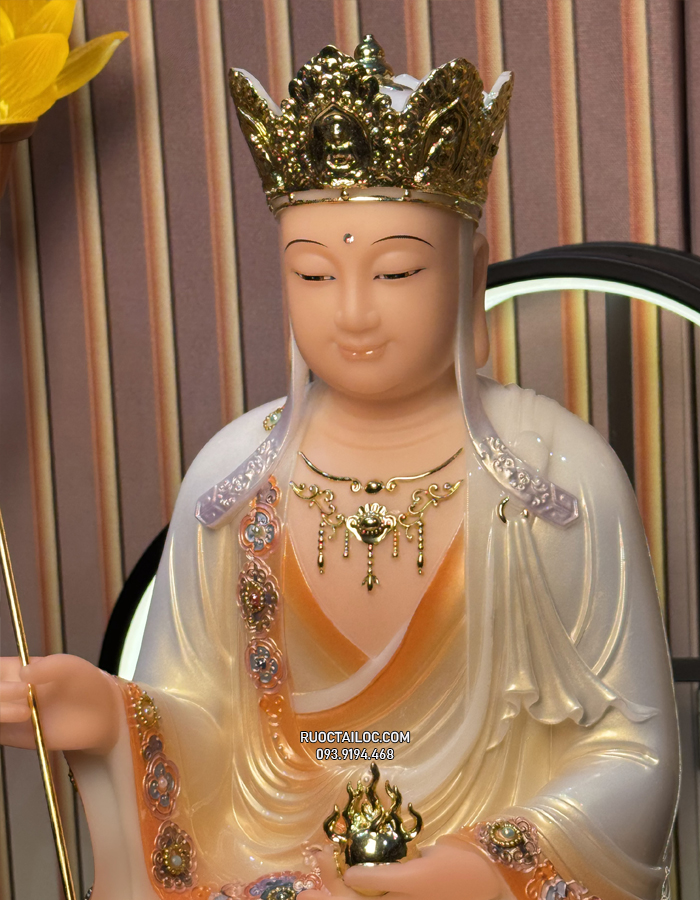 tượng địa tạng bồ tát bằng bột đá vẽ gấm phủ bóng hoa văn đẹp