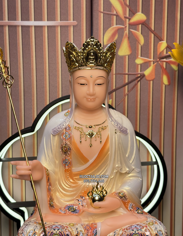 tượng địa tạng bồ tát bằng bột đá vẽ gấm phủ bóng hoa văn đẹp