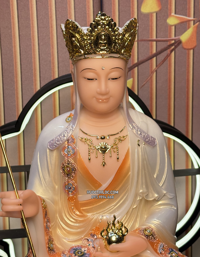 tượng địa tạng bồ tát bằng bột đá vẽ gấm phủ bóng hoa văn đẹp