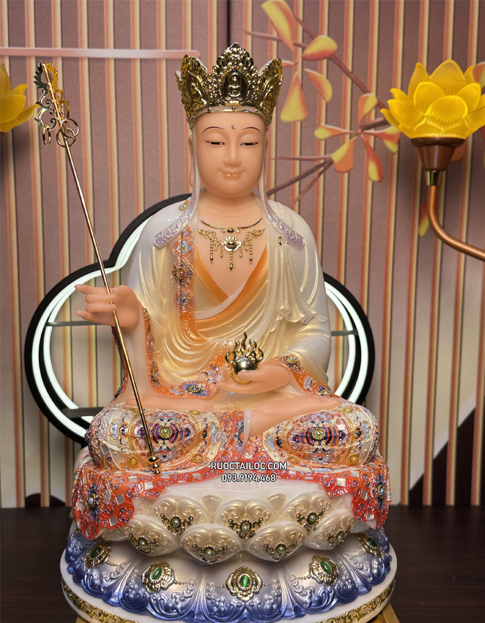 tượng địa tạng bồ tát bằng bột đá vẽ gấm phủ bóng hoa văn đẹp