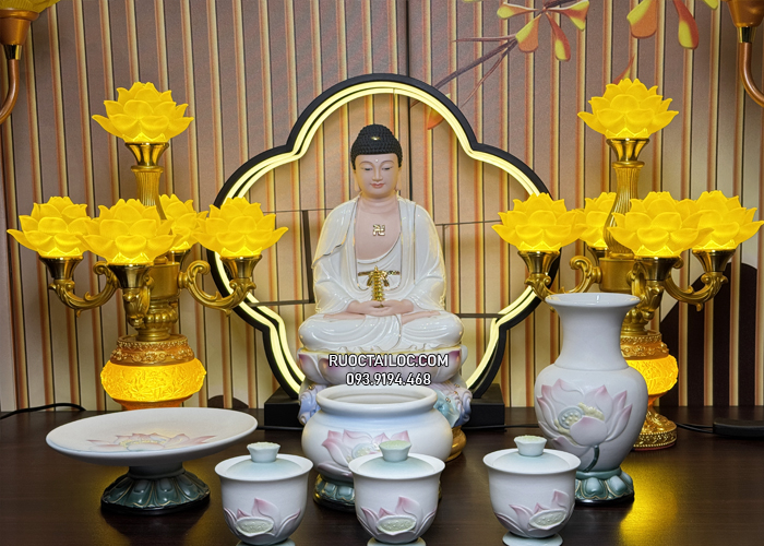 trọn bộ đồ thờ cúng bằng sứ hoa sen hồng liên tịnh đế đẹp