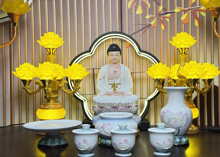 trọn bộ đồ thờ cúng bằng sứ hoa sen hồng liên tịnh đế đẹp 