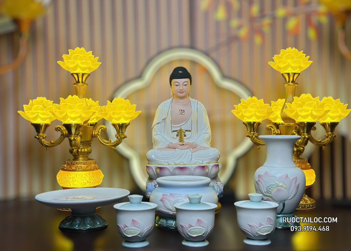 trọn bộ đồ thờ cúng Phật bằng sứ hồng liên tịnh đế đẹp