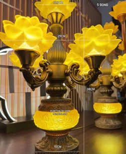 đèn thờ cúng thân vàng 5 bông cúng Phật đẹp