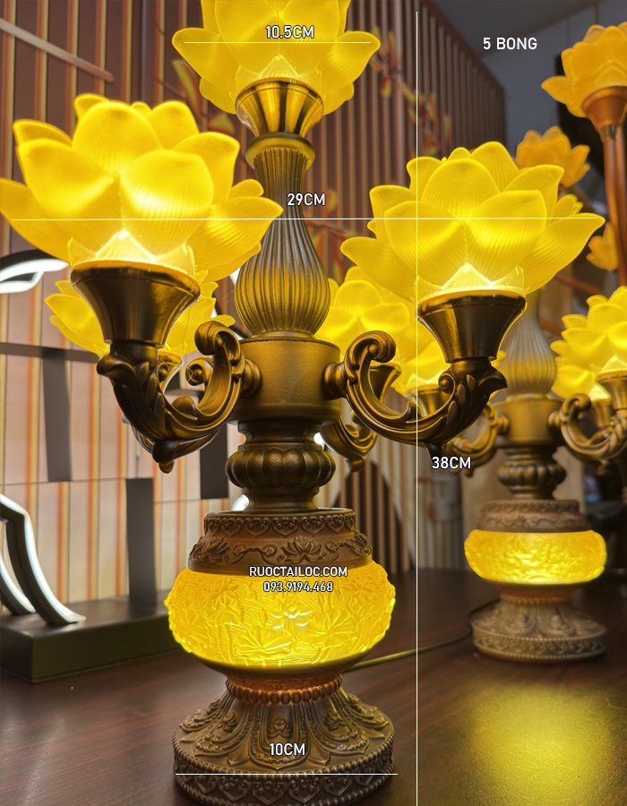 đèn thờ cúng thân vàng 5 bông cúng Phật đẹp