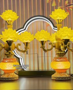 cặp đèn cúng phật 5 bông thân vàng đẹp