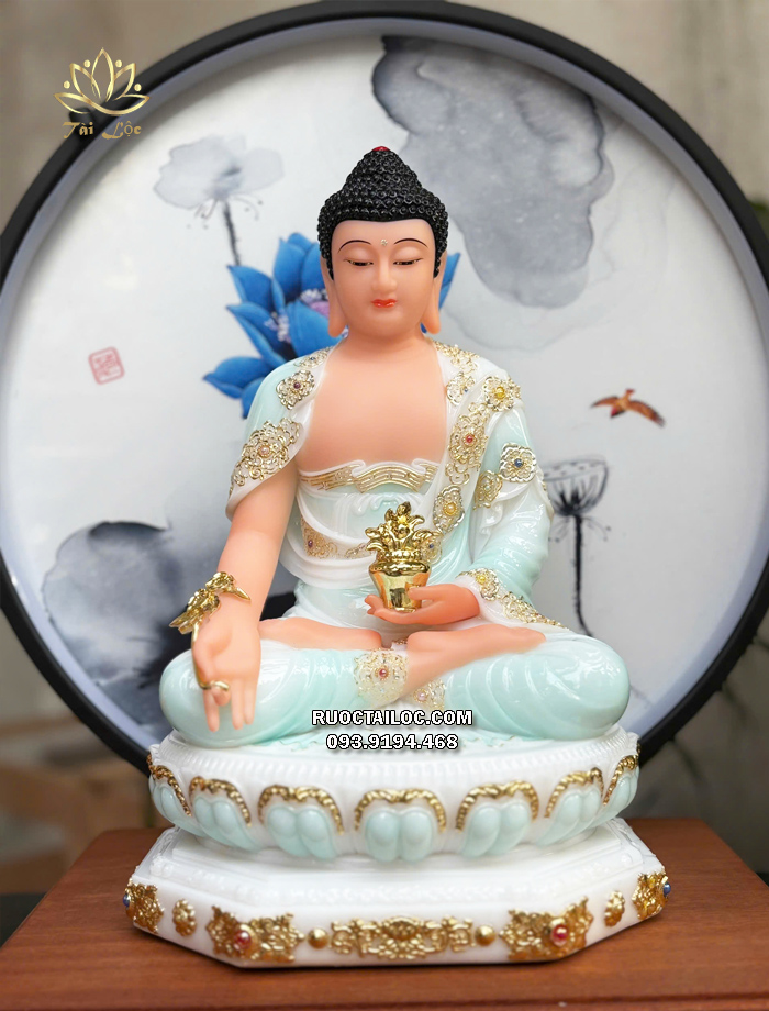 Tượng Phật Dược Sư áo xanh ngọc đế 8 cạnh