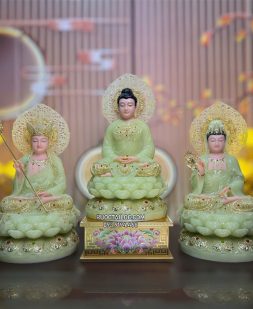 Tượng Ta Bà Tam Thánh Thạch Ngọc xanh có hào quang nhỏ đẹp