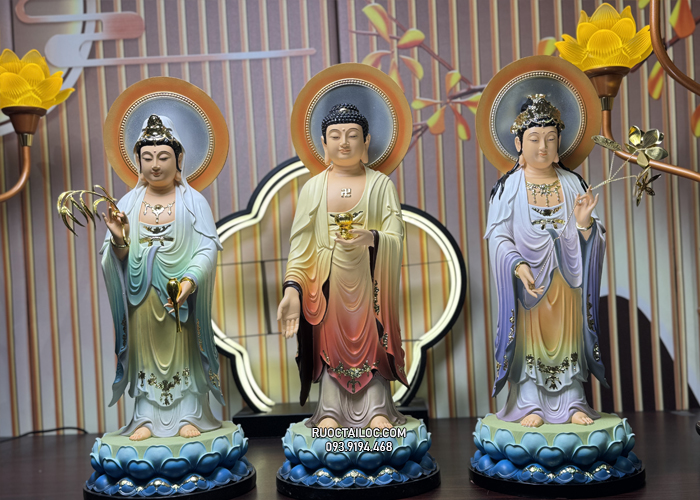 tôn tượng Tây Phương Tam Thánh Có Hào Quang vẽ gấm chuyển màu