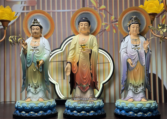 tôn tượng Tây Phương Tam Thánh Có Hào Quang vẽ gấm chuyển màu