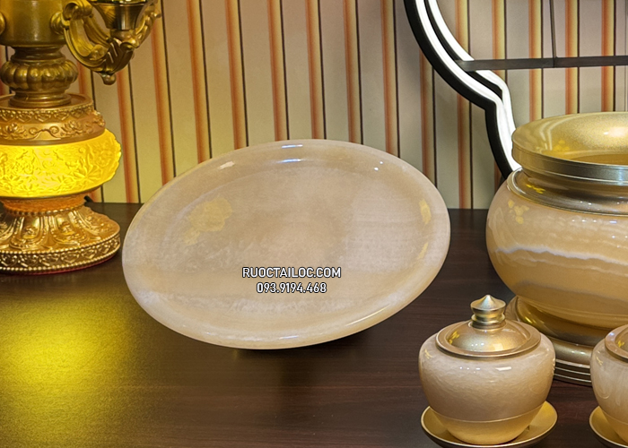 dĩa trái cây thờ cúng bằng đá tự nhiên vàng ngọc đẹp