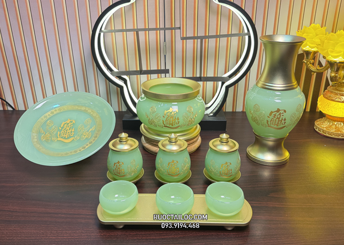 trọn bộ đồ thờ cúng chiêu tài tiến bảo bằng bột đá xanh thạch ngọc đẹp