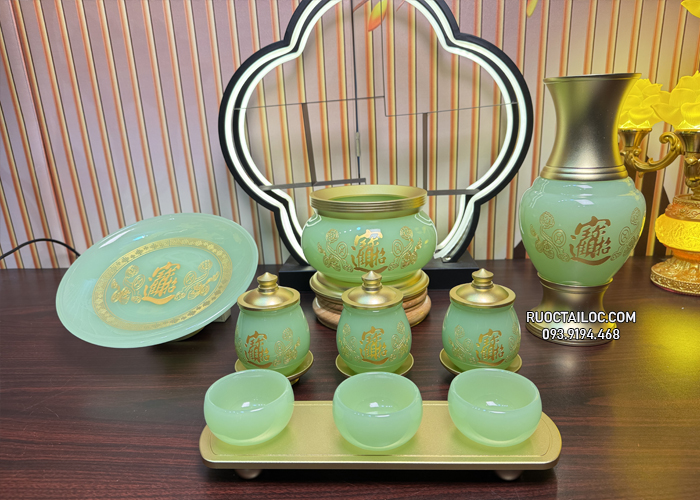 trọn bộ đồ thờ cúng chiêu tài tiến bảo bằng bột đá xanh thạch ngọc đẹp