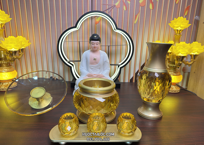 Trọn bộ đồ thờ cúng bằng lưu ly vàng đẹp