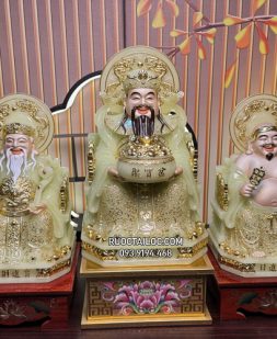 Tượng Ông Địa Thần Tài bằng bột đá xanh thạch ngọc có hào quang dát vàng đẹp