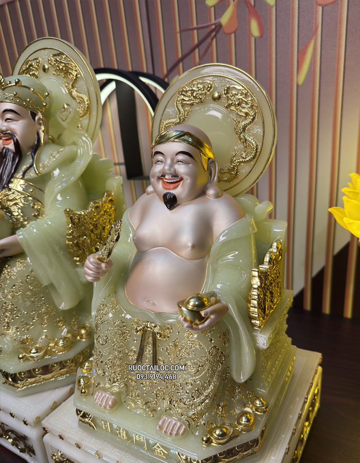 Tượng Ông Địa Thần Tài bằng bột đá xanh thạch ngọc có hào quang dát vàng đẹp