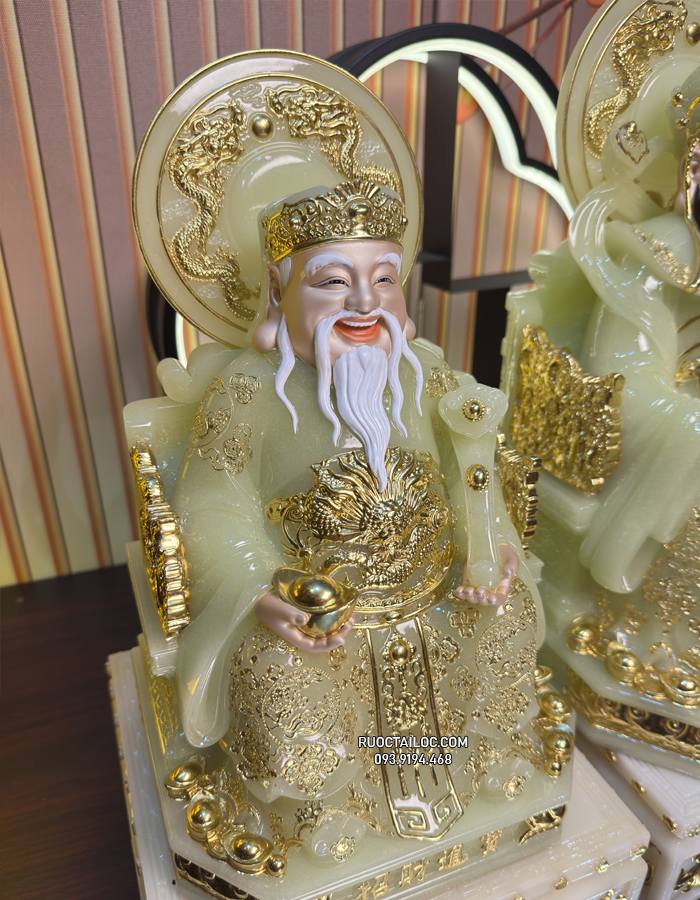 Tượng Ông Địa Thần Tài bằng bột đá xanh thạch ngọc có hào quang dát vàng đẹp