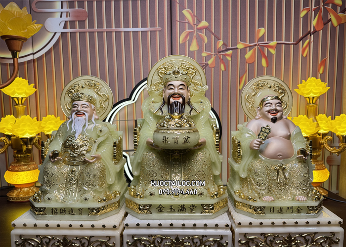 Tượng Ông Địa Thần Tài bằng bột đá xanh thạch ngọc có hào quang dát vàng đẹp