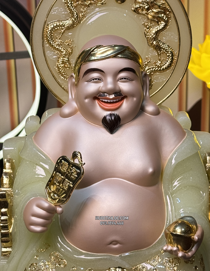 Tượng Ông Địa Thần Tài bằng bột đá xanh thạch ngọc có hào quang dát vàng đẹp