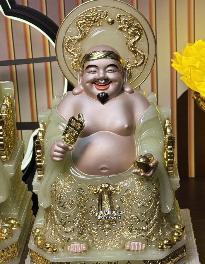 Tượng Ông Địa Thần Tài bằng bột đá xanh thạch ngọc có hào quang dát vàng đẹp