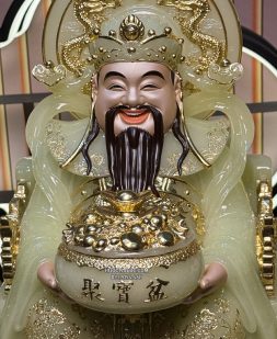 Tượng Ông Địa Thần Tài bằng bột đá xanh thạch ngọc có hào quang dát vàng đẹp
