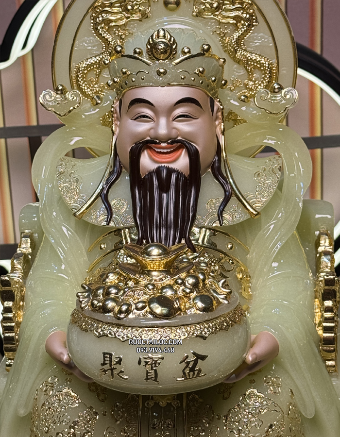 Tượng Ông Địa Thần Tài bằng bột đá xanh thạch ngọc có hào quang dát vàng đẹp
