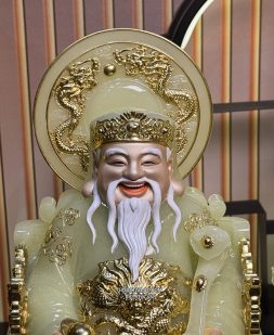 Tượng Ông Địa Thần Tài bằng bột đá xanh thạch ngọc có hào quang dát vàng đẹp