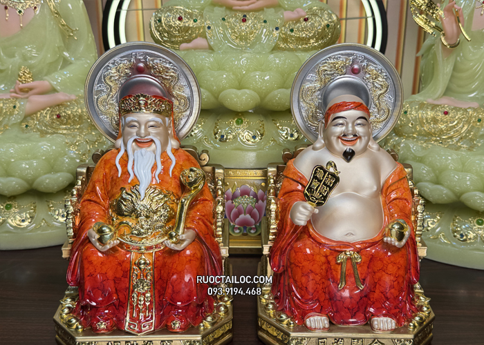 Tôn tượng Ông Địa Thần Tài bằng bột đá màu cẩm thạch đỏ, da đồng có hào quang đẹp