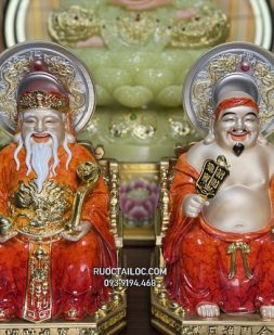 Tôn tượng Ông Địa Thần Tài bằng bột đá màu cẩm thạch đỏ, da đồng có hào quang đẹp