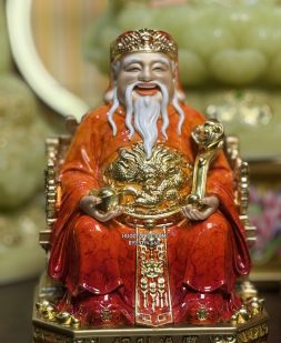 Tôn tượng Ông Địa Thần Tài bằng bột đá màu cẩm thạch đỏ, da đồng có hào quang đẹp