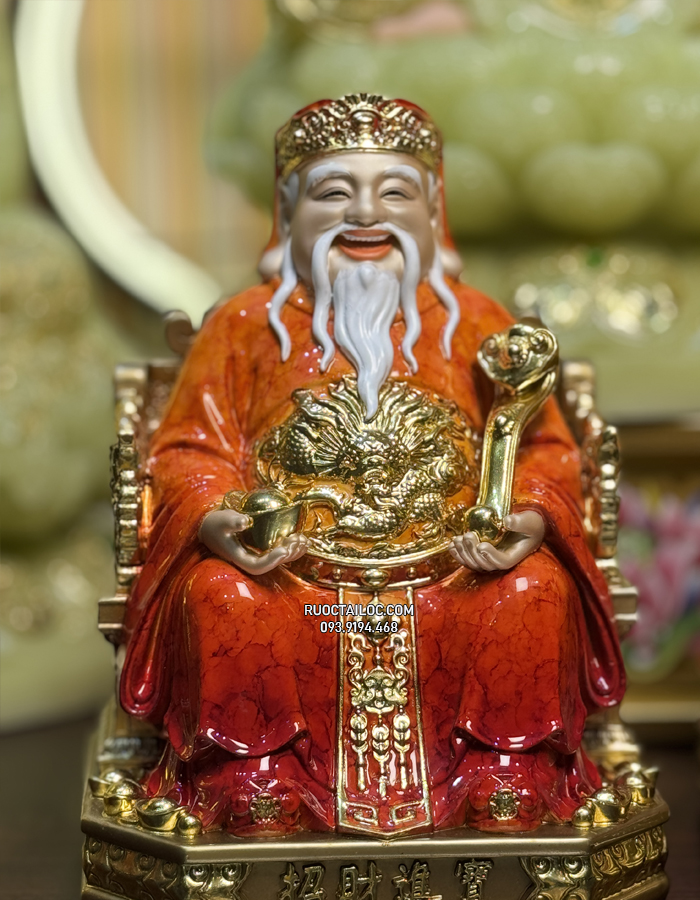 Tôn tượng Ông Địa Thần Tài bằng bột đá màu cẩm thạch đỏ, da đồng có hào quang đẹp