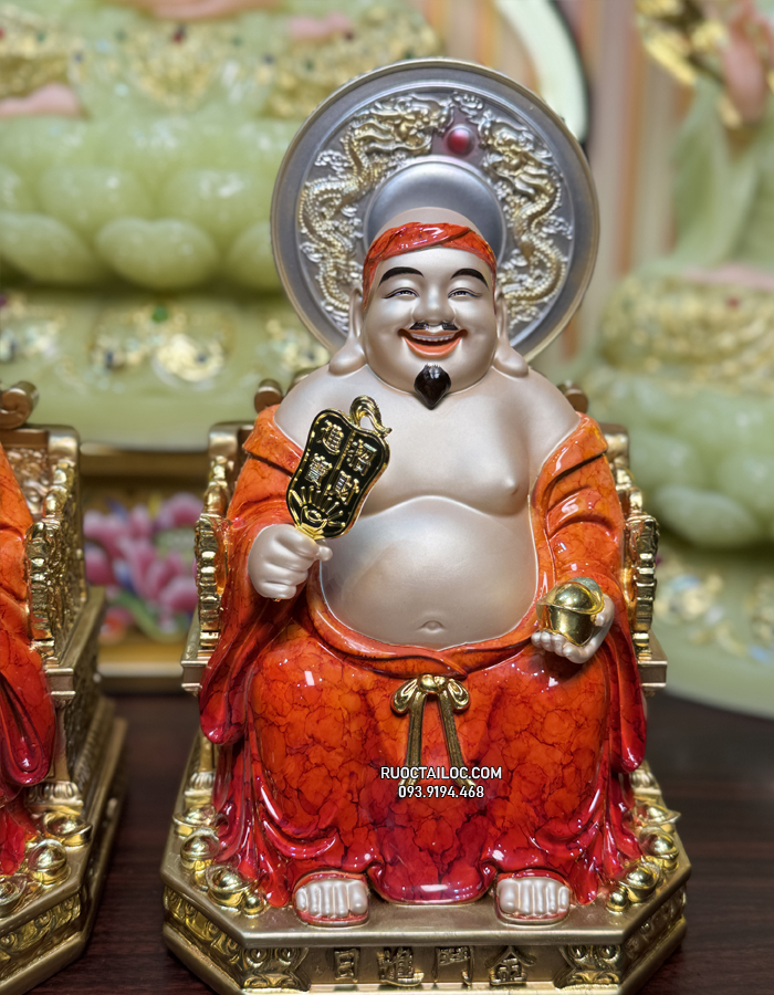 Tôn tượng Ông Địa Thần Tài bằng bột đá màu cẩm thạch đỏ, da đồng có hào quang đẹp