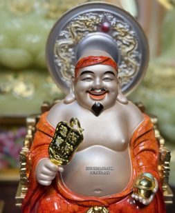 Tôn tượng Ông Địa Thần Tài bằng bột đá màu cẩm thạch đỏ, da đồng có hào quang đẹp