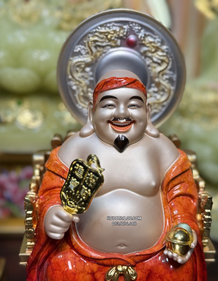 Tôn tượng Ông Địa Thần Tài bằng bột đá màu cẩm thạch đỏ, da đồng có hào quang đẹp