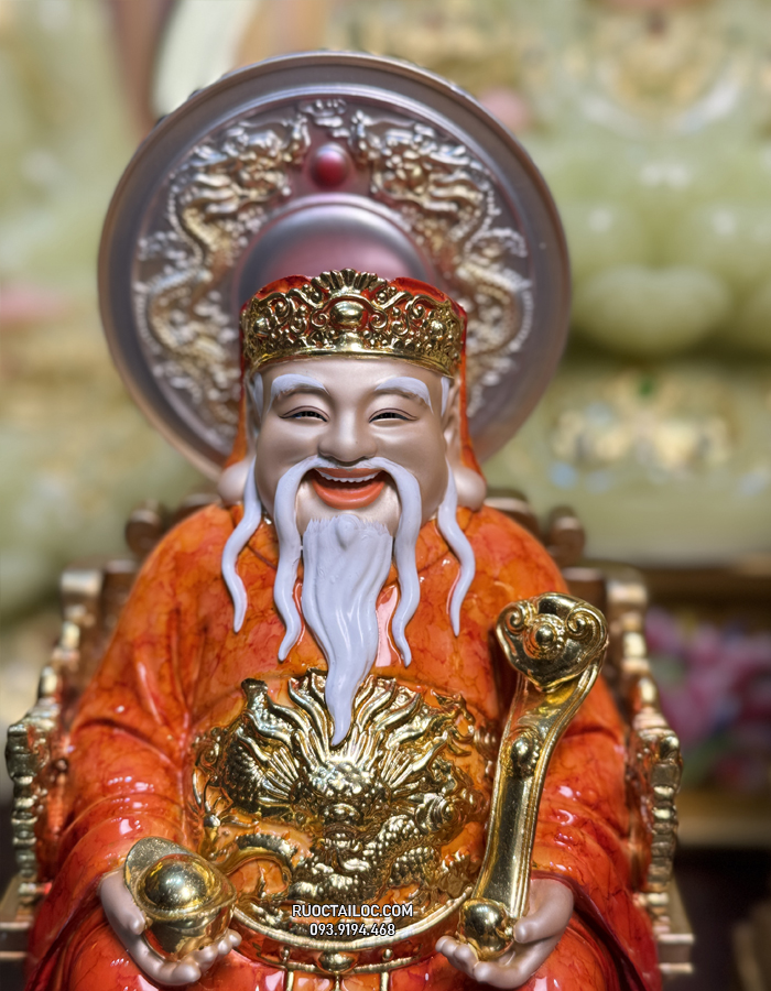 Tôn tượng Ông Địa Thần Tài bằng bột đá màu cẩm thạch đỏ, da đồng có hào quang đẹp