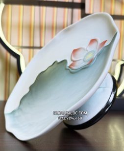 Dĩa trái cây thờ cúng sứ trắng họa tiết sen xanh đẹp