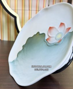 Dĩa trái cây thờ cúng sứ trắng họa tiết sen xanh đẹp