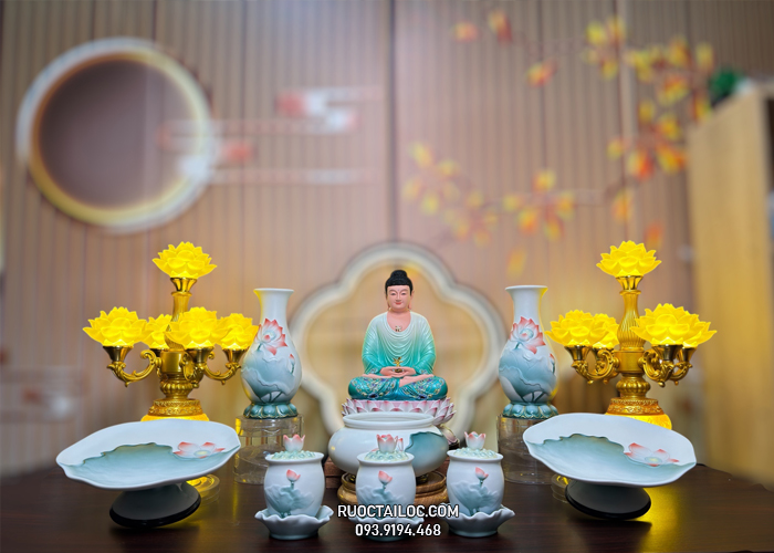 Dĩa trái cây thờ cúng sứ trắng họa tiết sen xanh đẹp