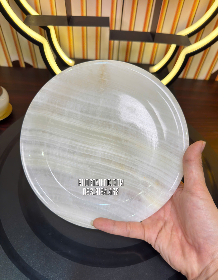 Dĩa trái cây thờ cúng bằng đá tự nhiên trắng xanh đẹp