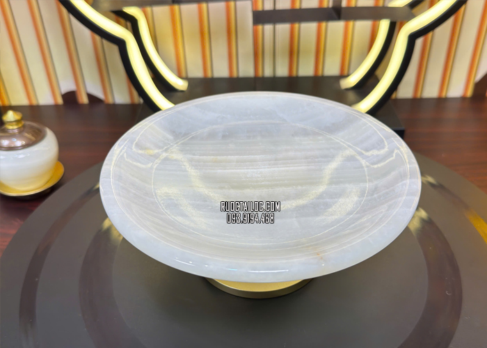 Dĩa trái cây thờ cúng bằng đá tự nhiên trắng xanh đẹp