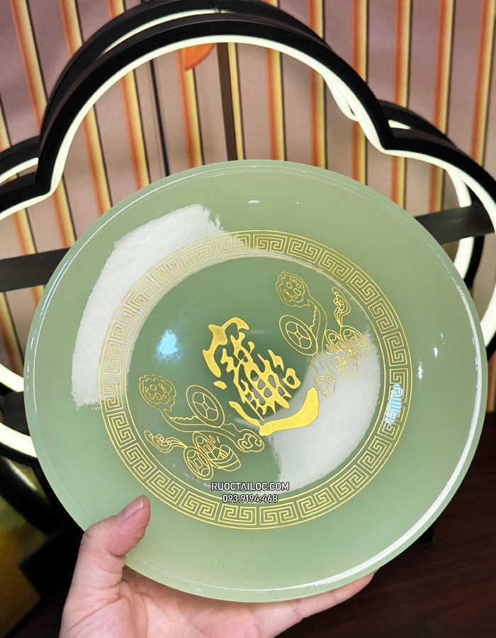 Dĩa trái cây thờ cúng chiêu tài tiến bảo bằng bột đá xanh thạch ngọc đẹp