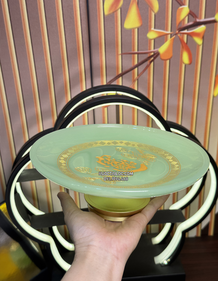 Dĩa trái cây thờ cúng chiêu tài tiến bảo bằng bột đá xanh thạch ngọc đẹp